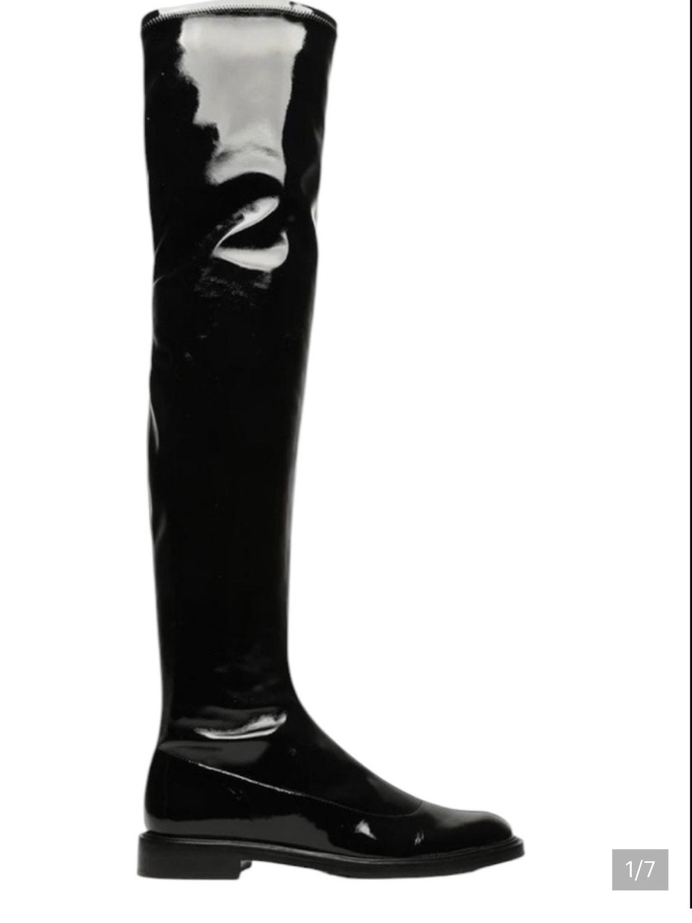 SCHUTZ Kaolin Black patent leather over-the-knee boots with a zipper detail.